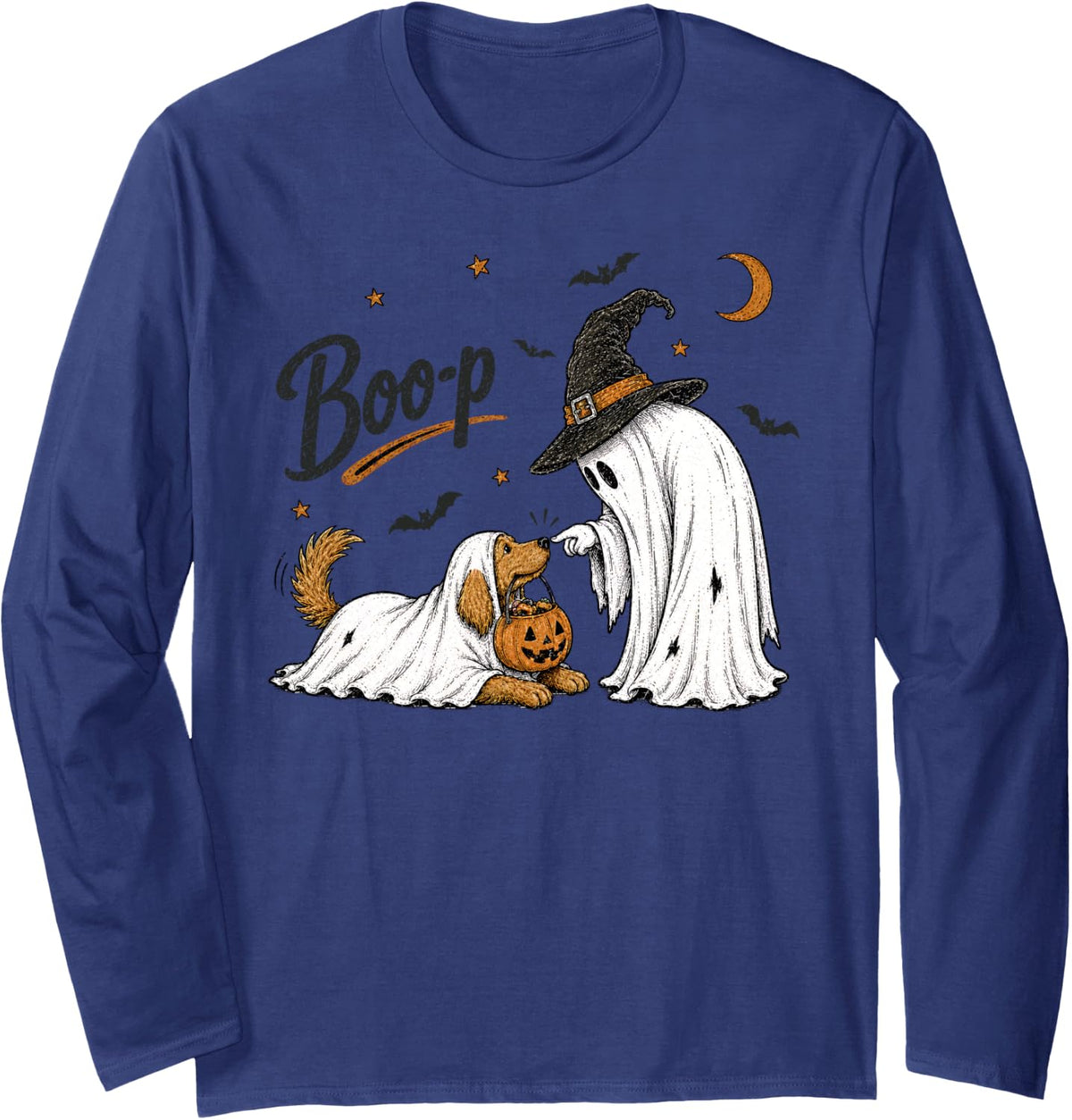 Boo Boop Dog Ghost Funny Halloween Dog Lovers Dog Mom Boo-p Long Sleeve T-Shirt - Adult Unisex Navy Blue