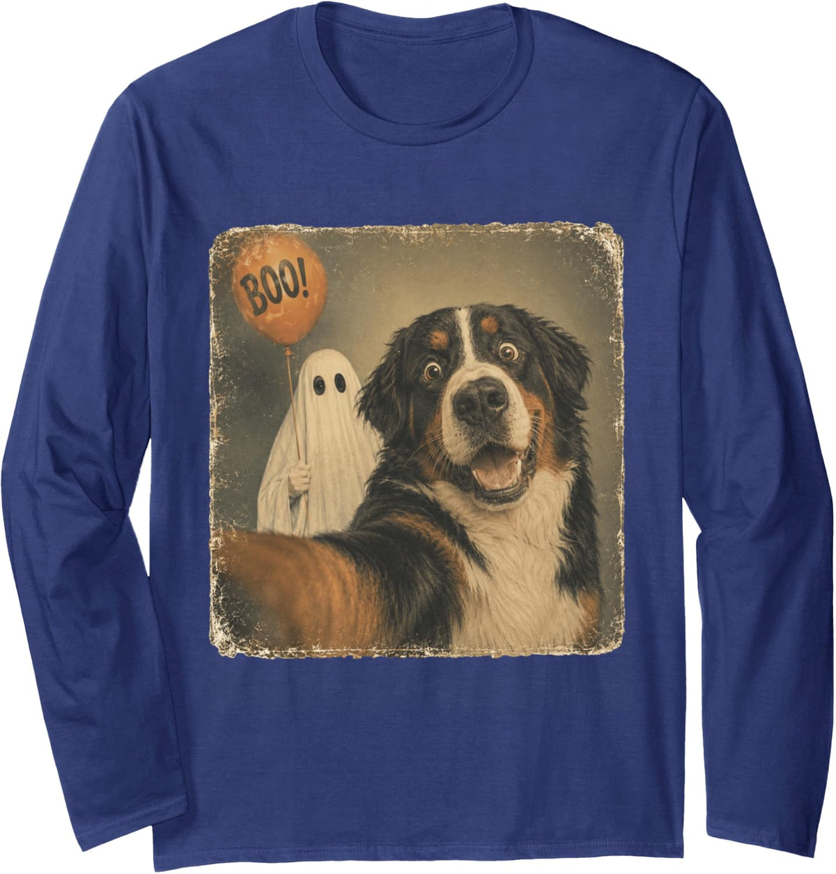 Bernese Mountain Dog Halloween Ghost Boo Dog Long Sleeve T-Shirt - Adult Unisex Navy Blue