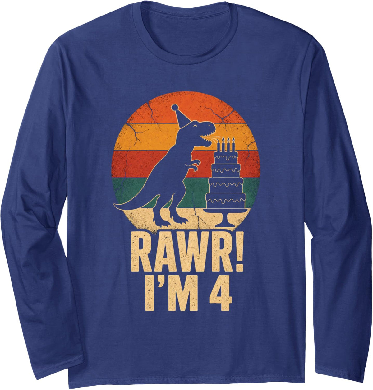 Dinosaur Birthday Boy Rawr I'm 4 T Rex Retro Sunset Long Sleeve T-Shirt - Adult Unisex Navy Blue