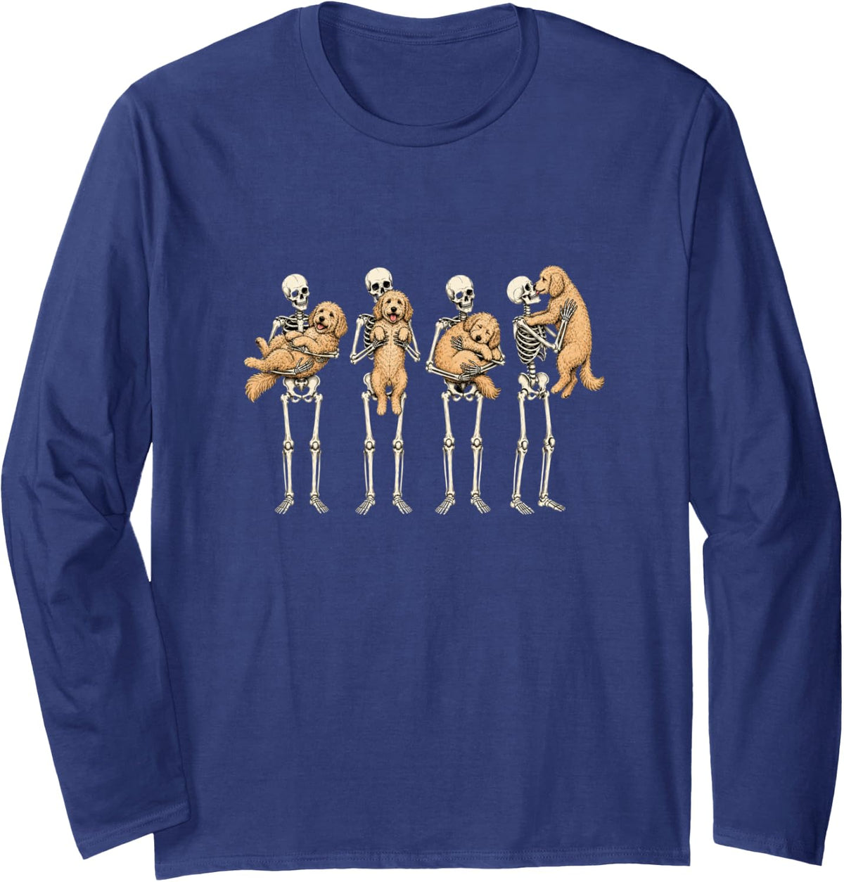 Halloween Goldendoodle Dog Lover Skeleton Spooky Season Long Sleeve T-Shirt - Adult Unisex Navy Blue