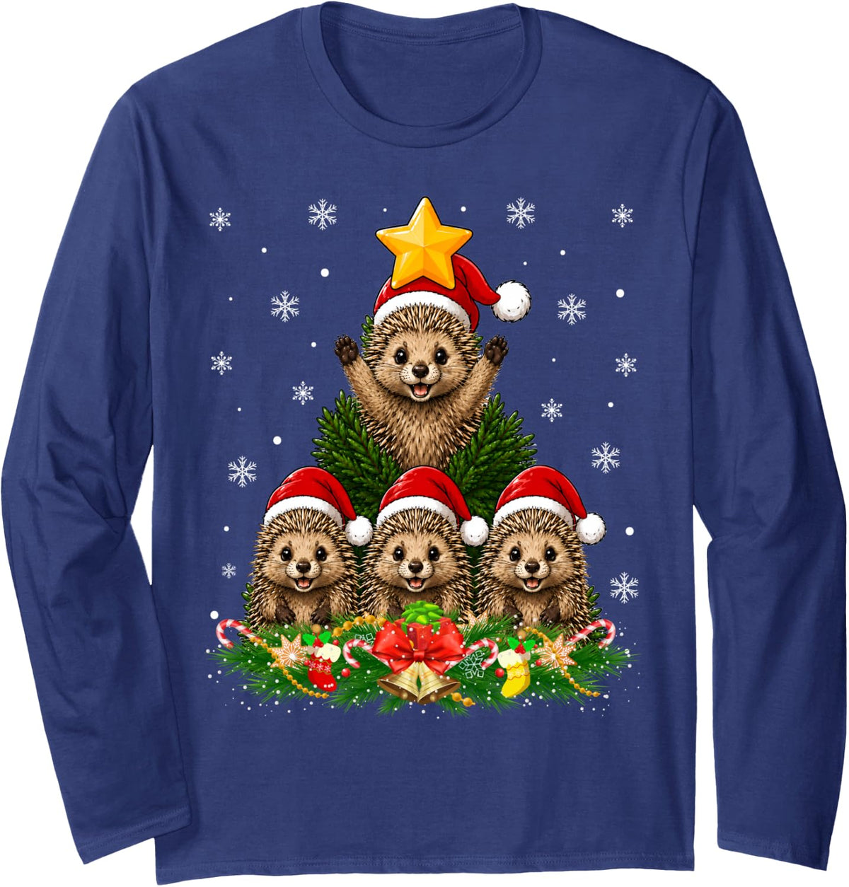 Hedgehog Christmas Tree Cute Animal Festive Cheer Xmas Long Sleeve T-Shirt - Adult Unisex Navy Blue