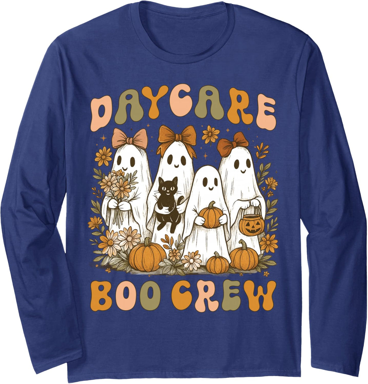 Daycare Boo Crew Halloween Teacher Cute Floral Ghost Womens Long Sleeve T-Shirt - Adult Unisex Navy Blue