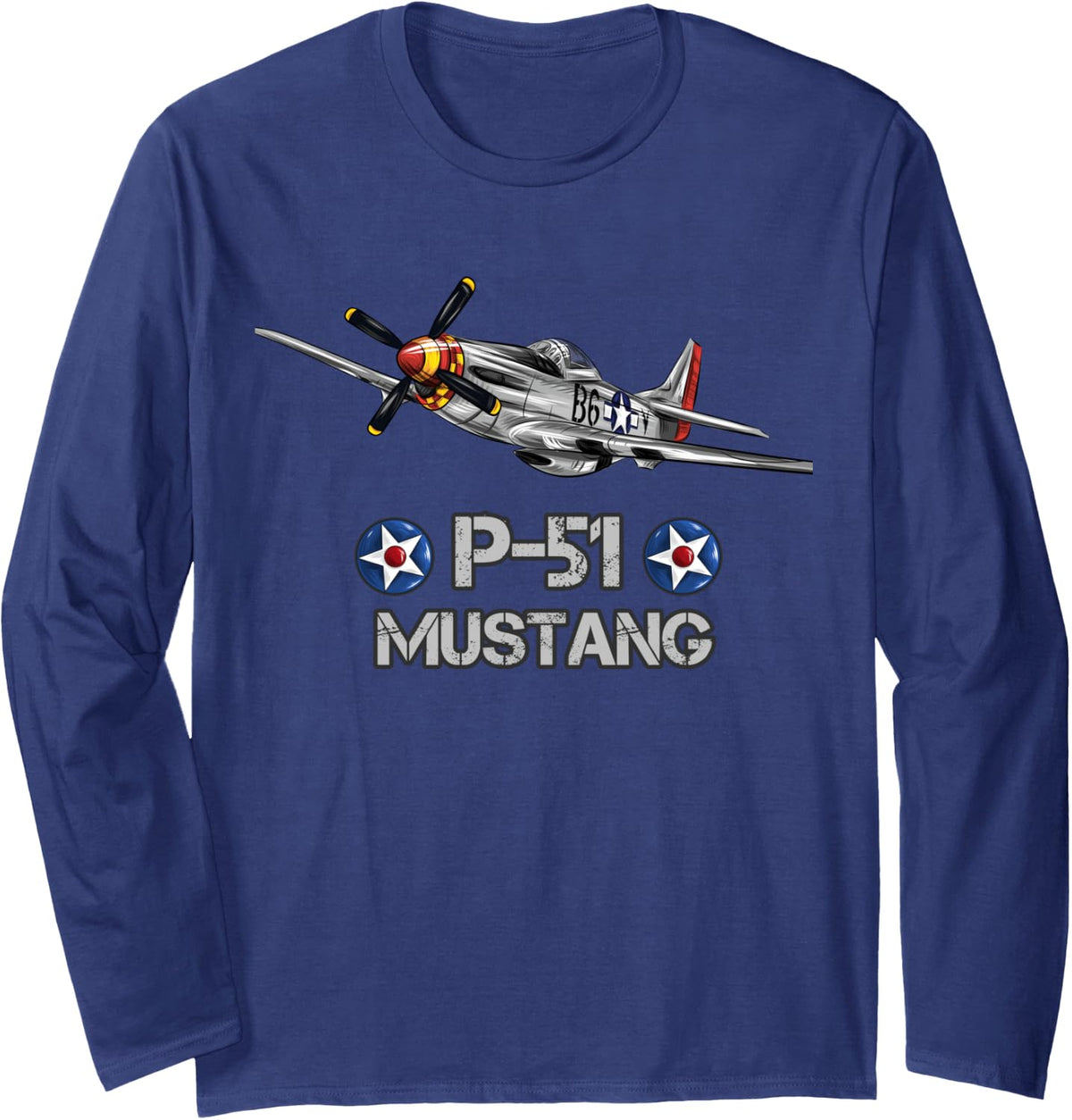 American World War 2 P-51 Mustang Fighter Airplane Long Sleeve T-Shirt - Adult Unisex Navy Blue