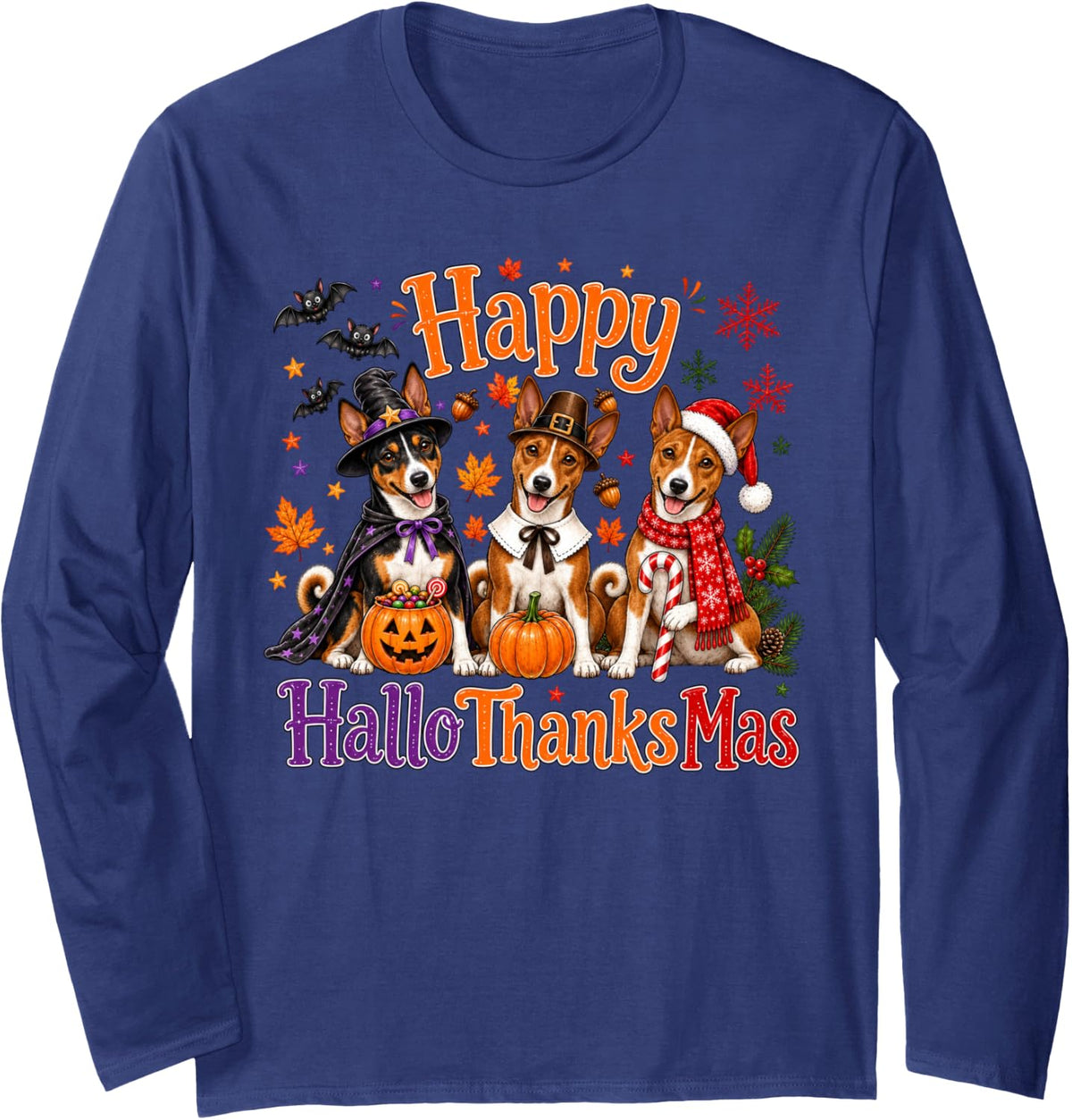 Basenji Happy Hallothanksmas Halloween Thanksgiving Xmas Long Sleeve T-Shirt - Adult Unisex Navy Blue