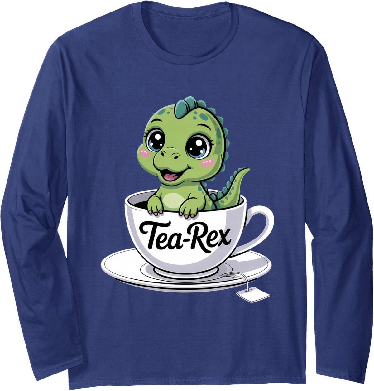 Tea-Rex Tea Drinker T Rex Dinosaur Long Sleeve T-Shirt - Adult Unisex Navy Blue