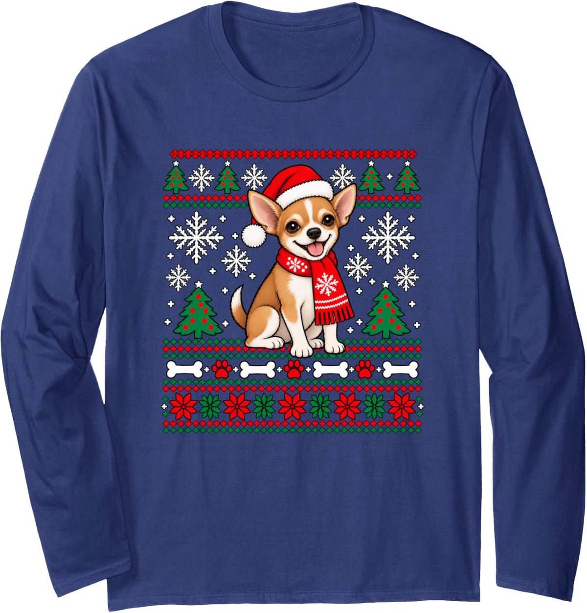 Chihuahua Dog Ugly Xmas Sweaters Long Sleeve T-Shirt - Adult Unisex Navy Blue