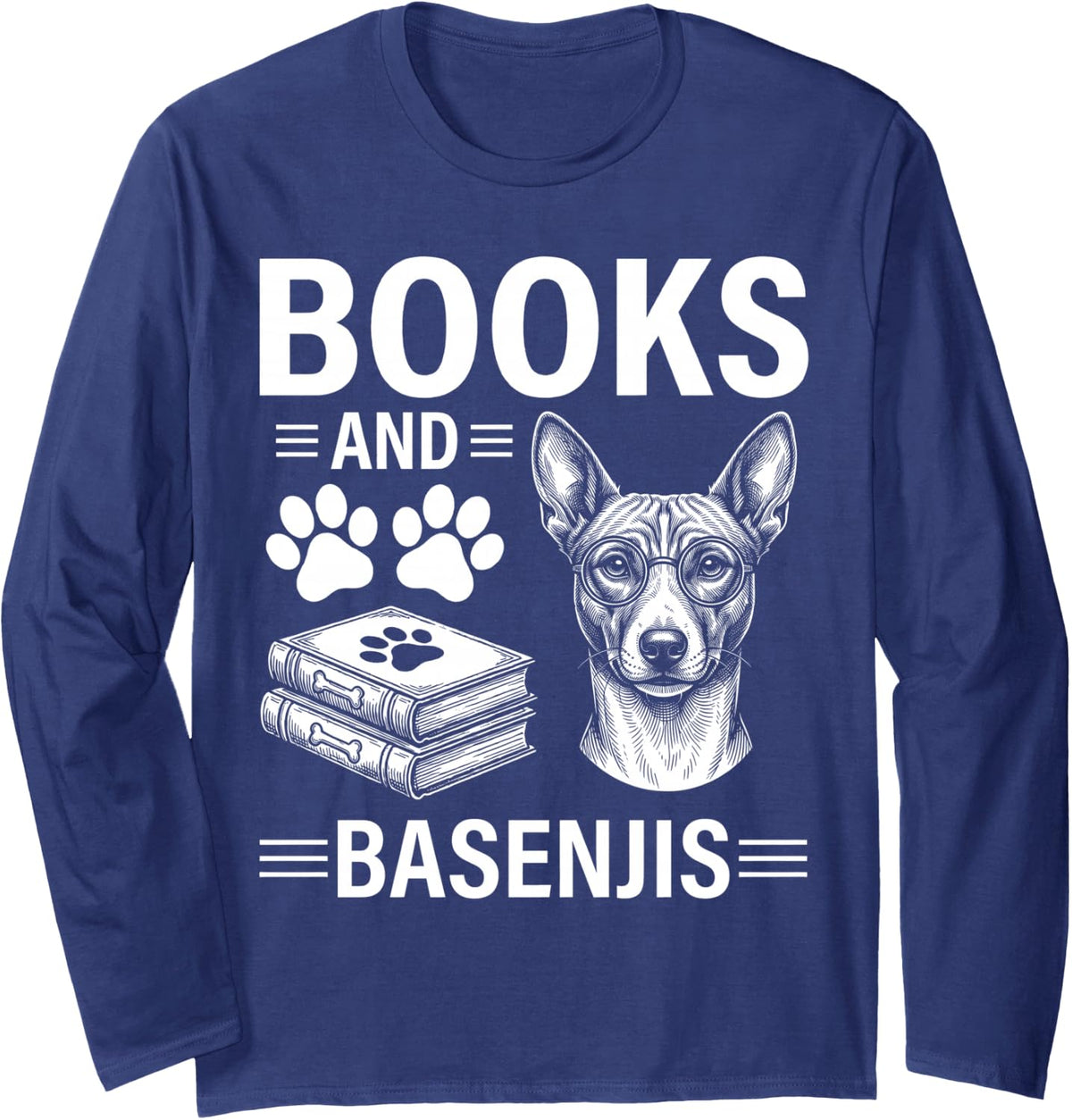 Books and Basenjis Funny Basenji Long Sleeve T-Shirt - Adult Unisex Navy Blue