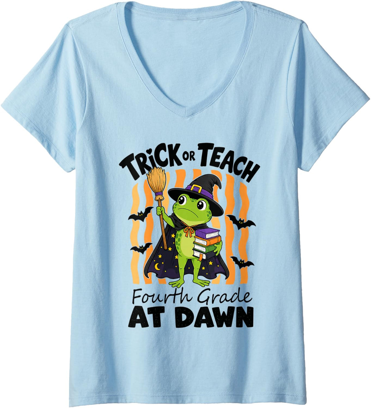 Women's Halloween 4th Grade Teacher Frog Trick Or Teach Spooky V-Neck T-Shirt - Baby Blue