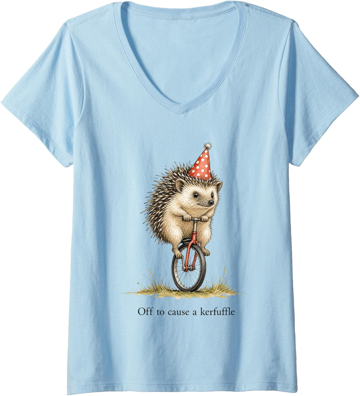 Women's Funny Hedgehog Unicycle Celebration Forest Kerfuffle Kids V-Neck T-Shirt - Baby Blue