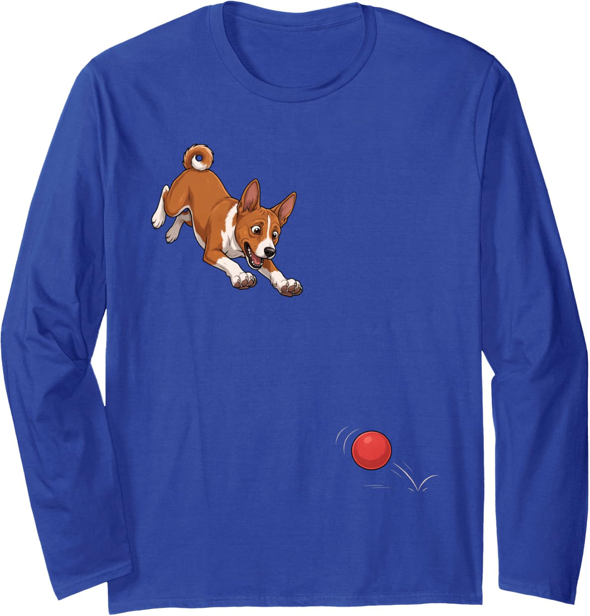 Funny Basenji Chasing Ball Dog Humor Long Sleeve T-Shirt - Adult Unisex Royal Blue
