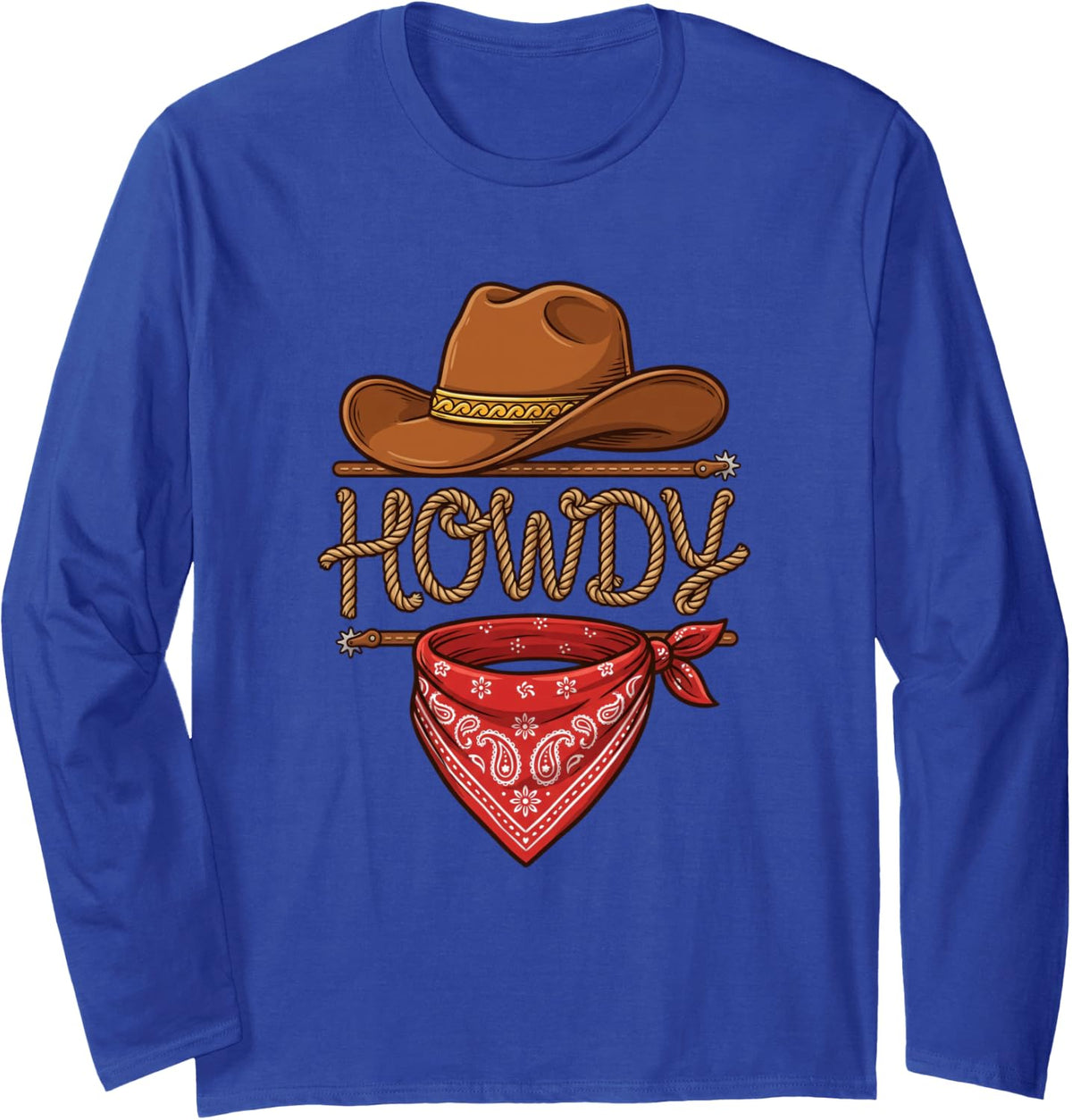 Howdy Western Cowboy Hat Red Bandana Rodeo Country Long Sleeve T-Shirt - Adult Unisex Royal Blue