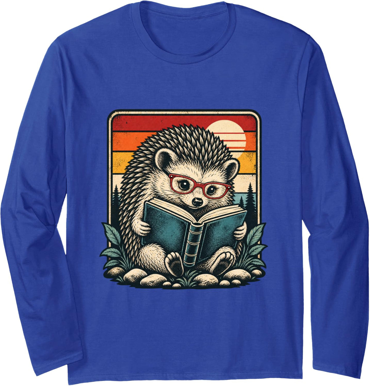 Retro Hedgehog Reading Book Lover Librarian Bookworm Gift Long Sleeve T-Shirt - Adult Unisex Royal Blue