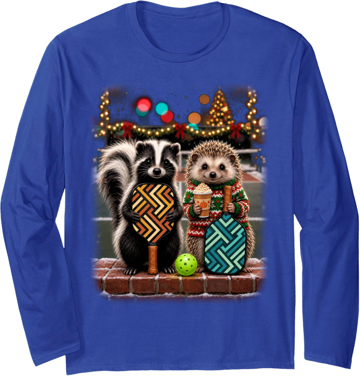 Ugly Christmas Sweater Pickleball Skunk Hedgehog Long Sleeve T-Shirt - Adult Unisex Royal Blue