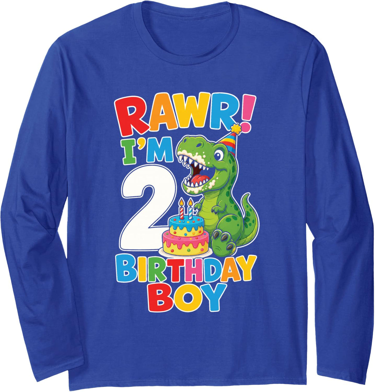 Dinosaur 2nd Birthday Boy Rawr I'm 2 T Rex Two Year Old Long Sleeve T-Shirt - Adult Unisex Royal Blue