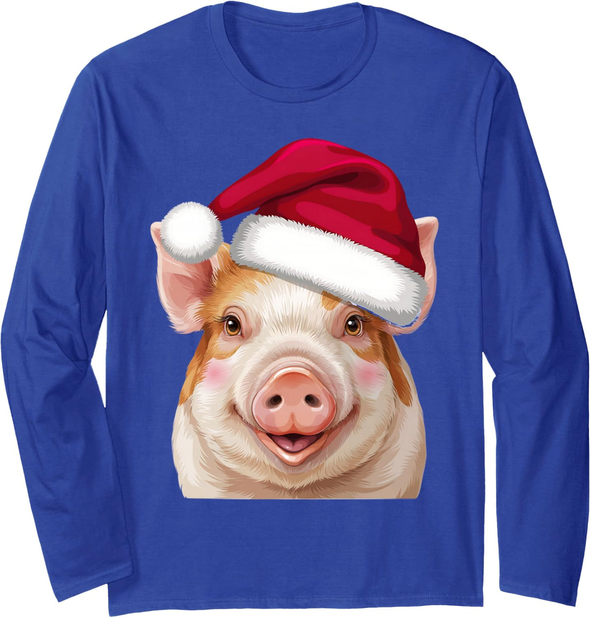 Funny Pig Santa Hat Christmas Animal Lover Men Women Kids Long Sleeve T-Shirt - Adult Unisex Royal Blue