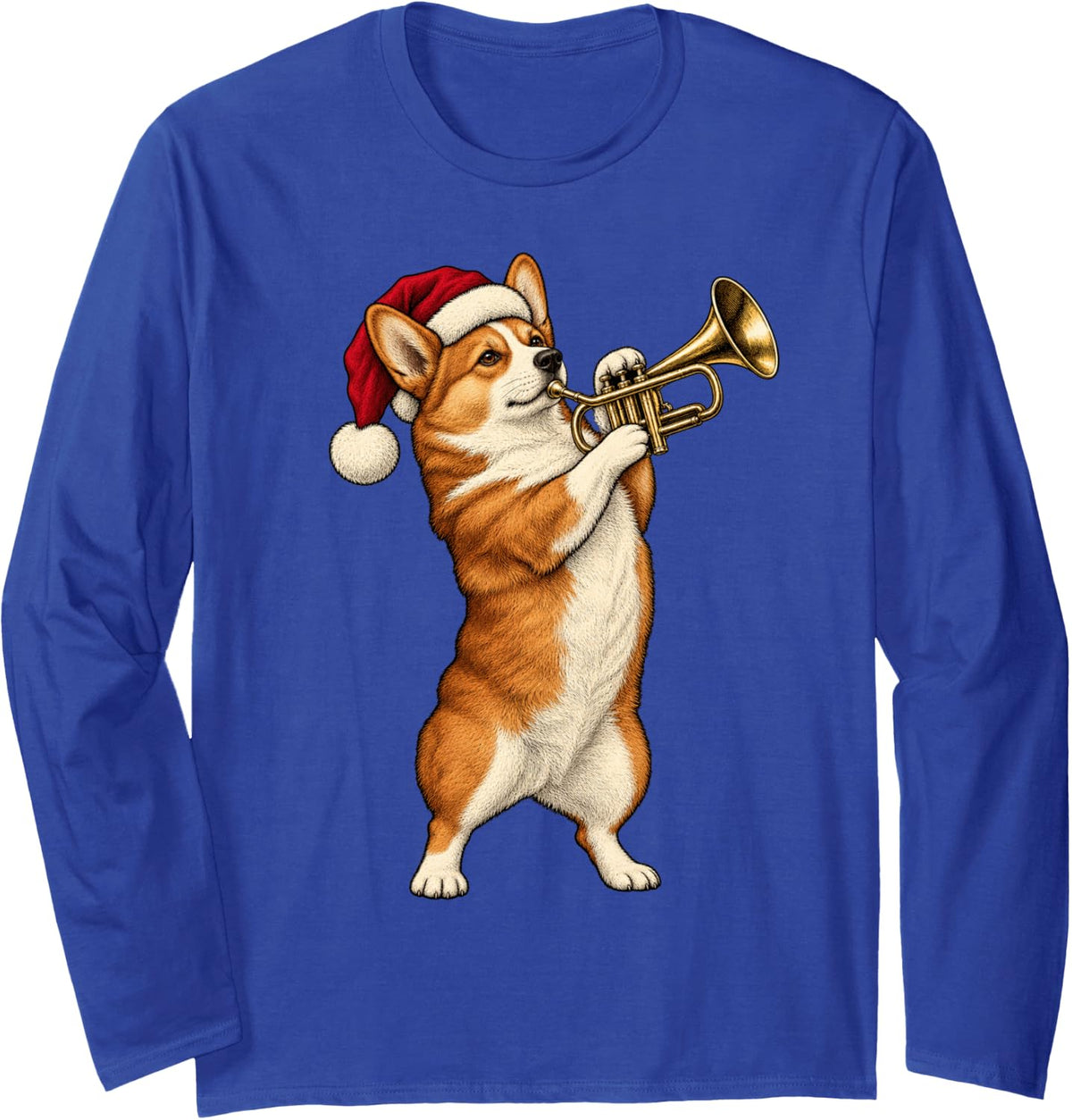 Santa Pembroke Welsh Corgi Trumpet Brass Band Long Sleeve T-Shirt - Adult Unisex Royal Blue