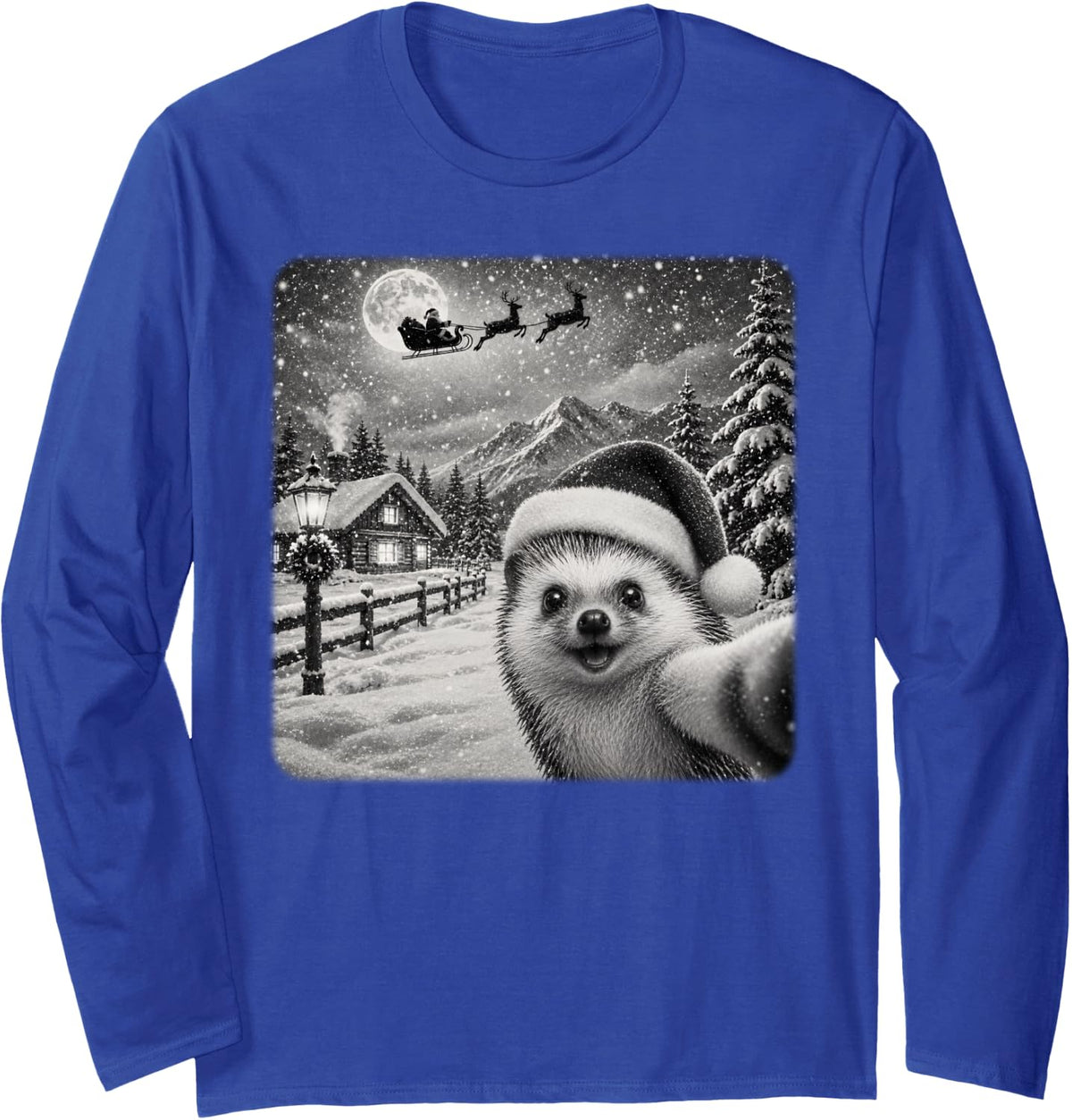 Xmas Moon Night Starry Santa Sleigh Fun Hedgehog Christmas Long Sleeve T-Shirt - Adult Unisex Royal Blue