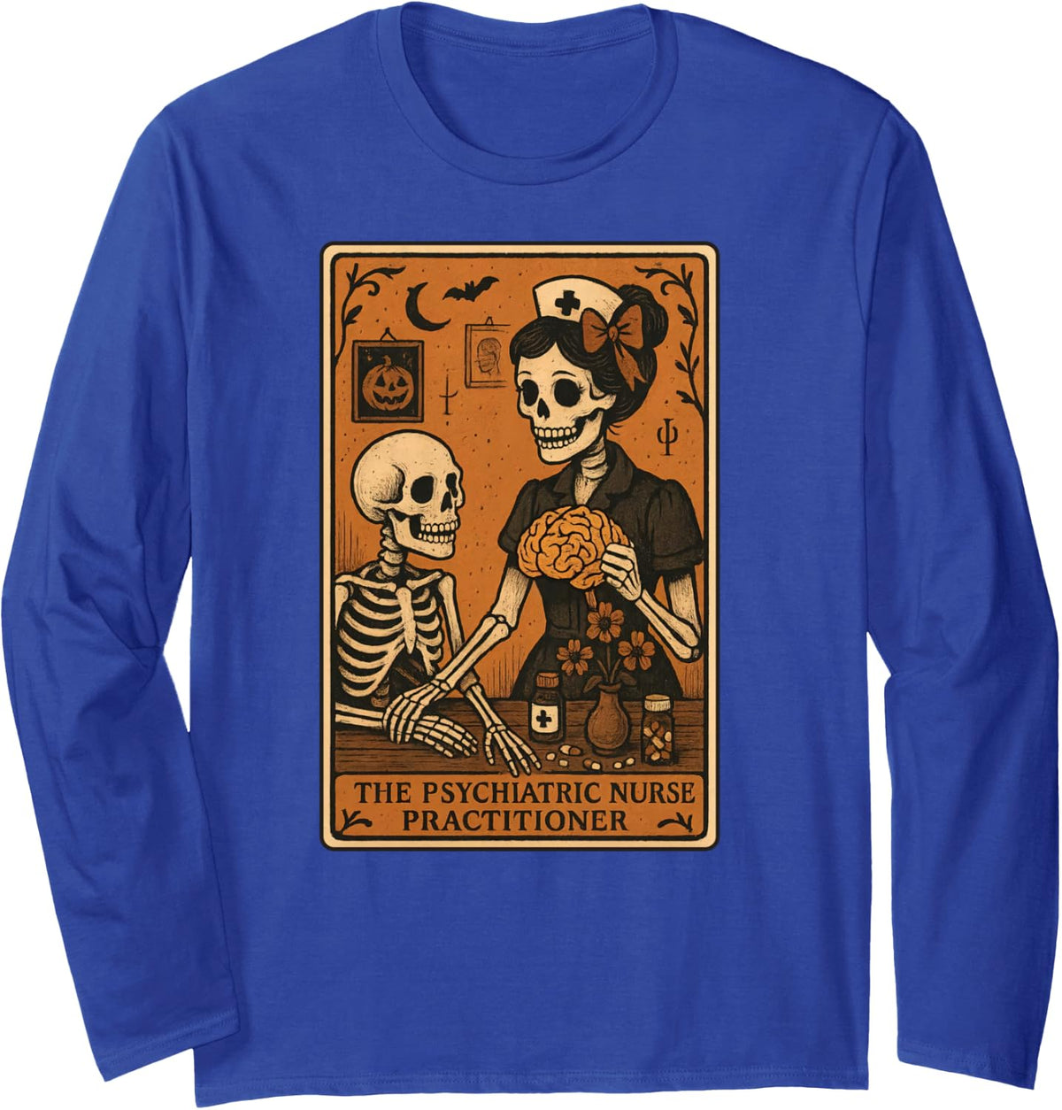 Psychiatric Nurse Practitioner Tarot Card Skeleton PMHNP Long Sleeve T-Shirt - Adult Unisex Royal Blue