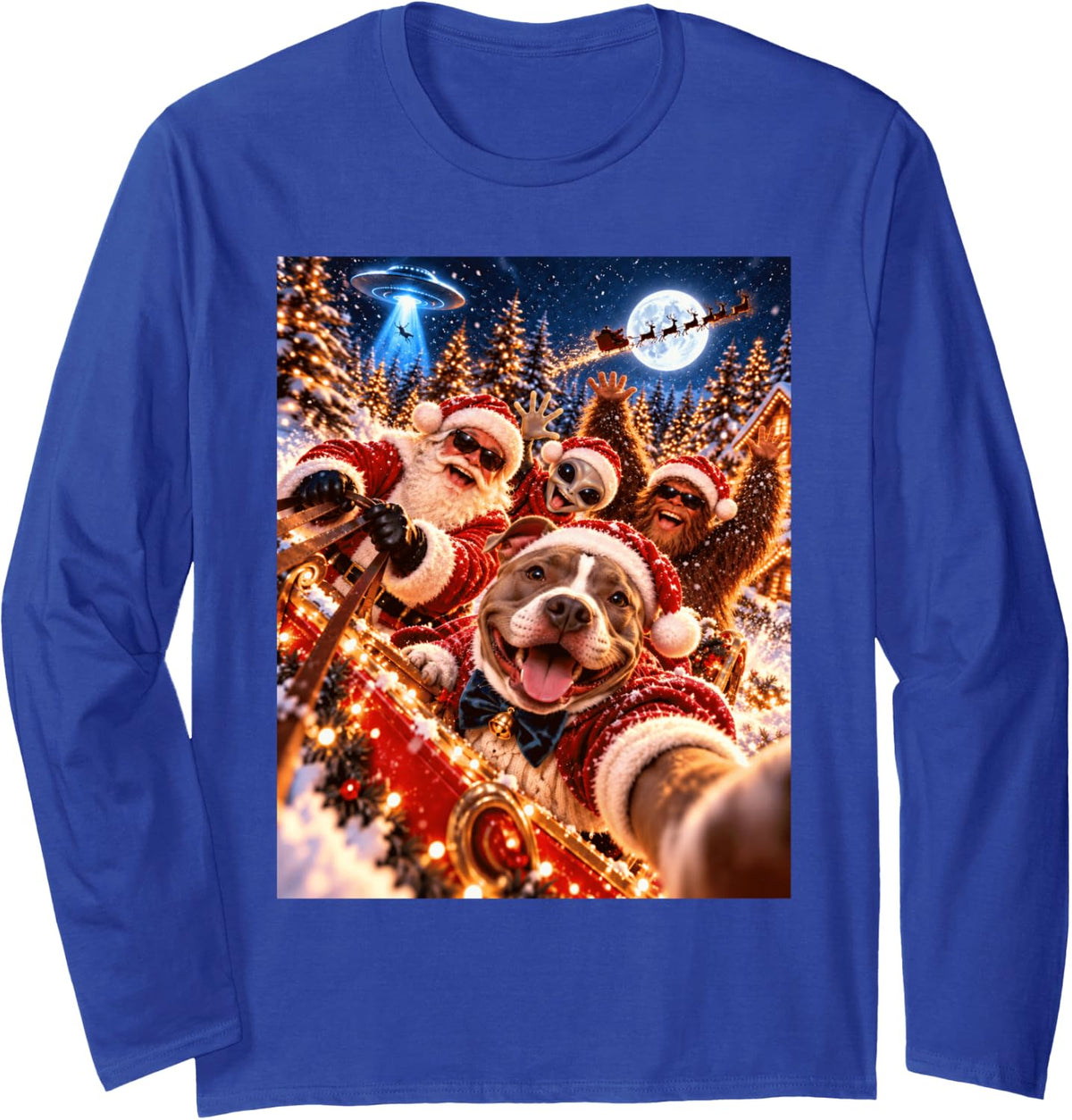 Playful Pitbull Santa Christmas Selfie UFO Graphic Long Sleeve T-Shirt - Adult Unisex Royal Blue