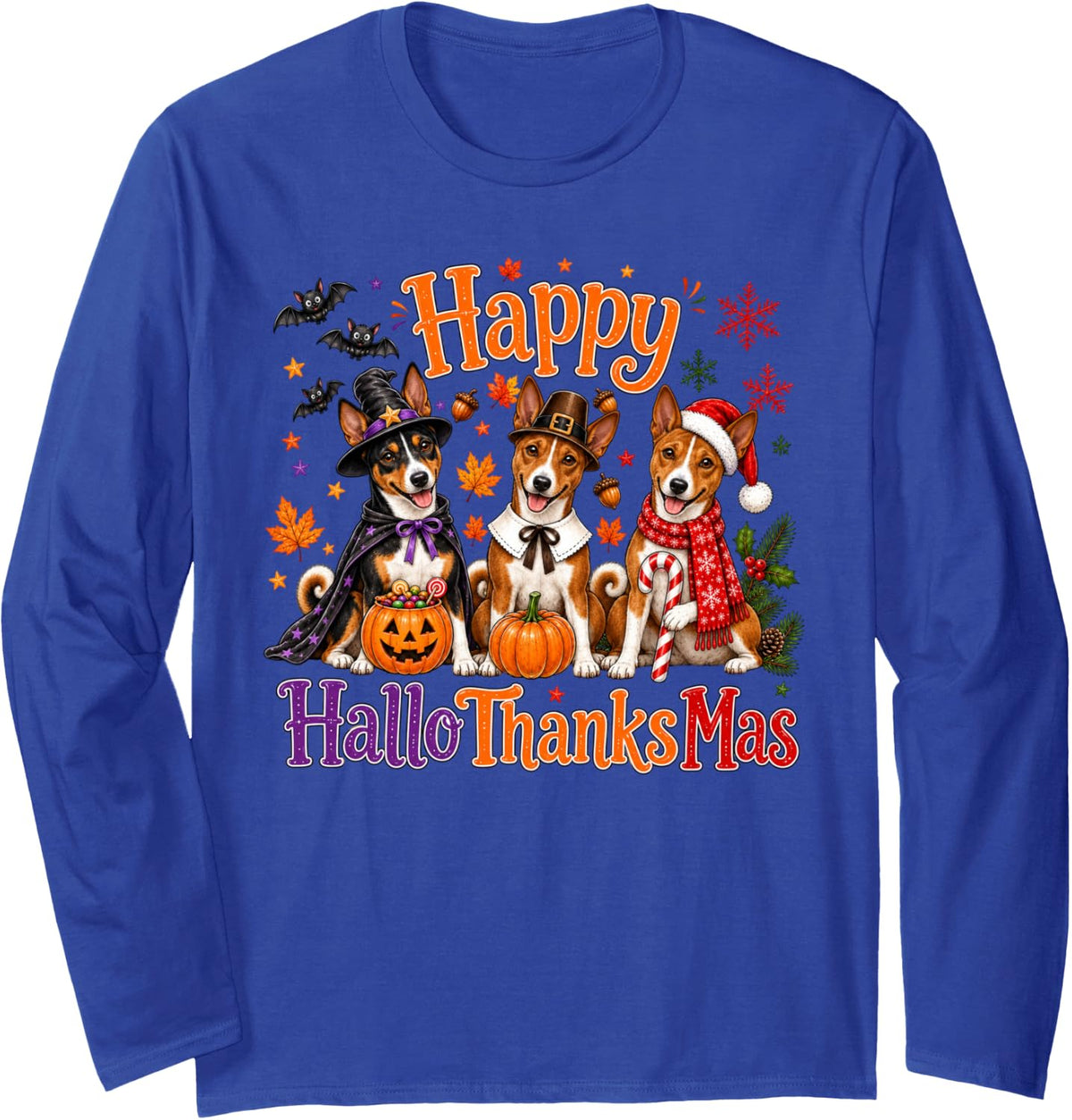 Basenji Happy Hallothanksmas Halloween Thanksgiving Xmas Long Sleeve T-Shirt - Adult Unisex Royal Blue