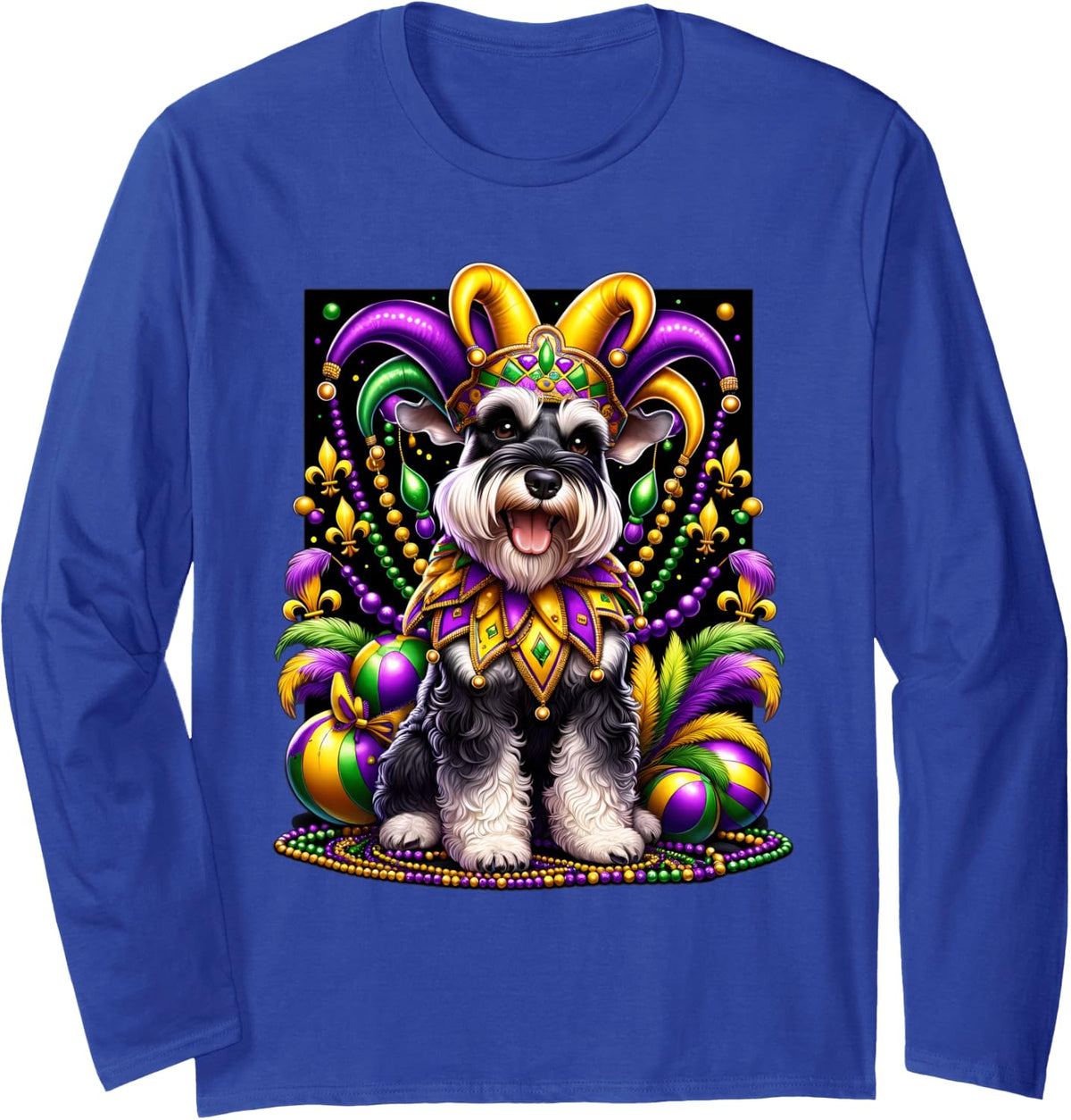 Mardi Gras Miniature Schnauzer Dog Long Sleeve T-Shirt - Adult Unisex Royal Blue