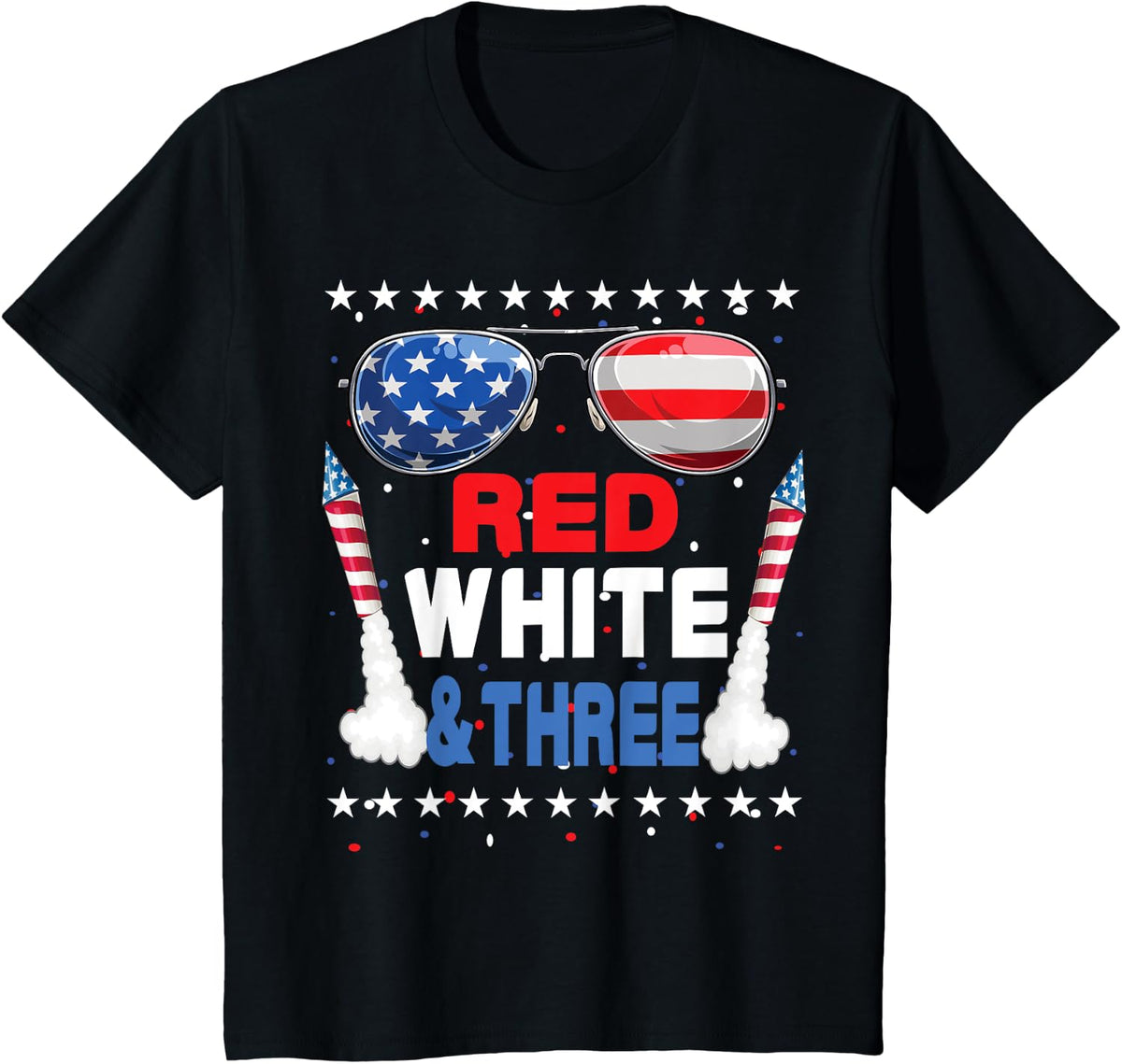 Kids Red White & Three Happy 4th Of July Birthday Party 3rd T-Shirt - Black