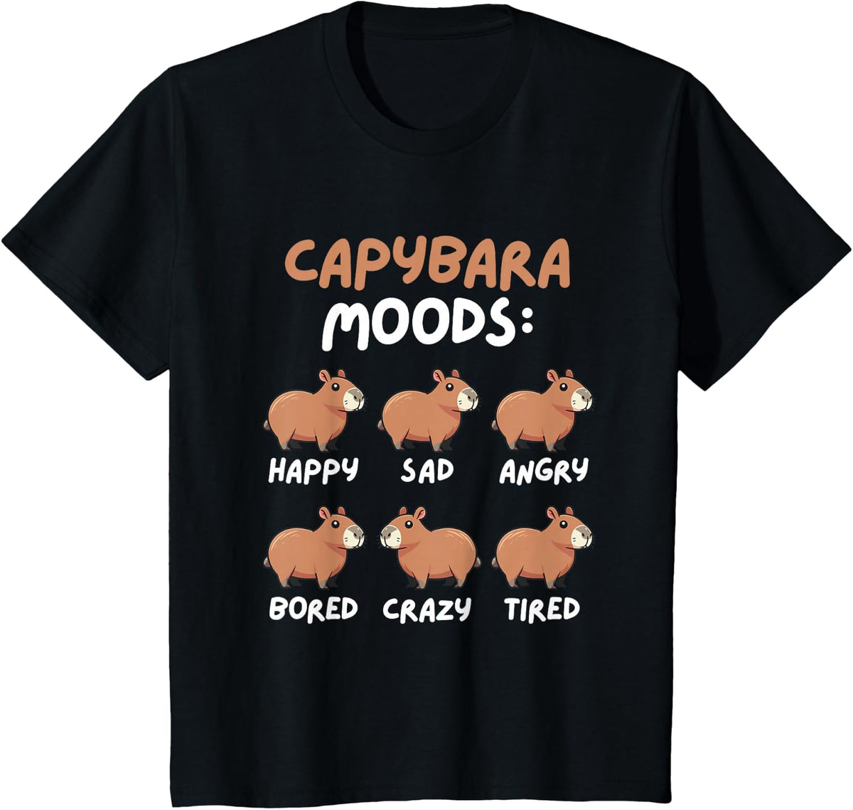 Funny Cute Capybara Moods Children Men Women T-Shirt - Black