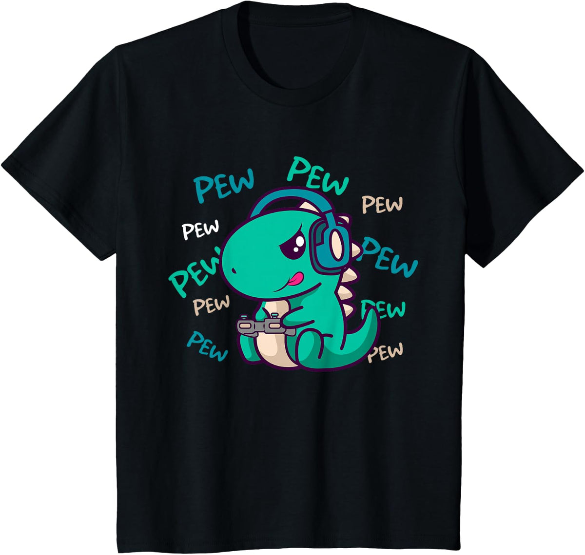 Pew Pew Pew Cute T-Rex Dinosaur Gaming Video Gamer T-Shirt - Black