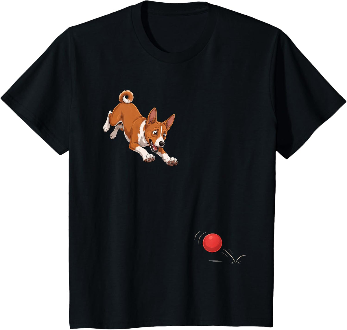 Funny Basenji Chasing Ball Dog Humor T-Shirt - Black