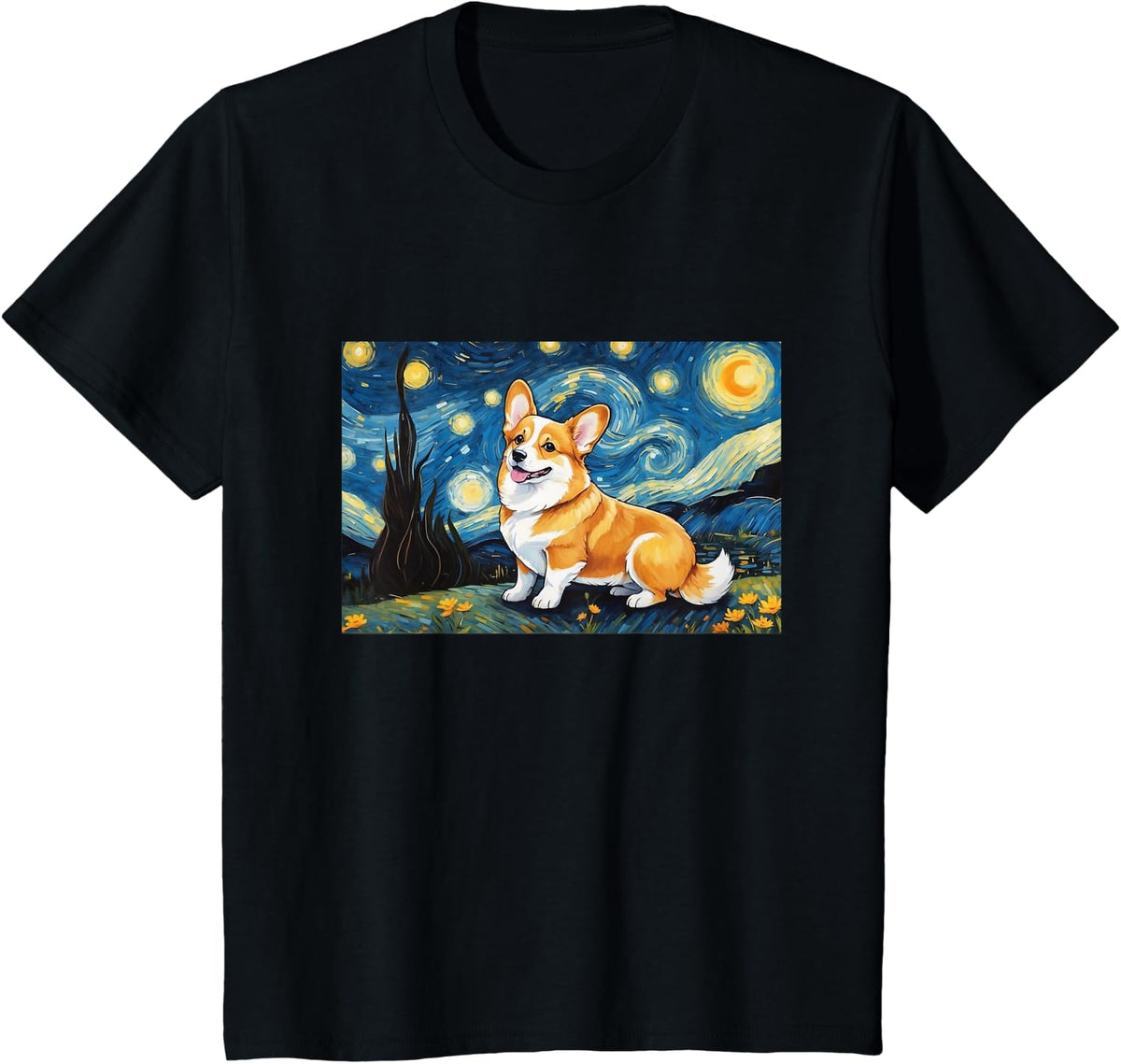 Corgi Dog Funny Design Starry Night T-Shirt - Black