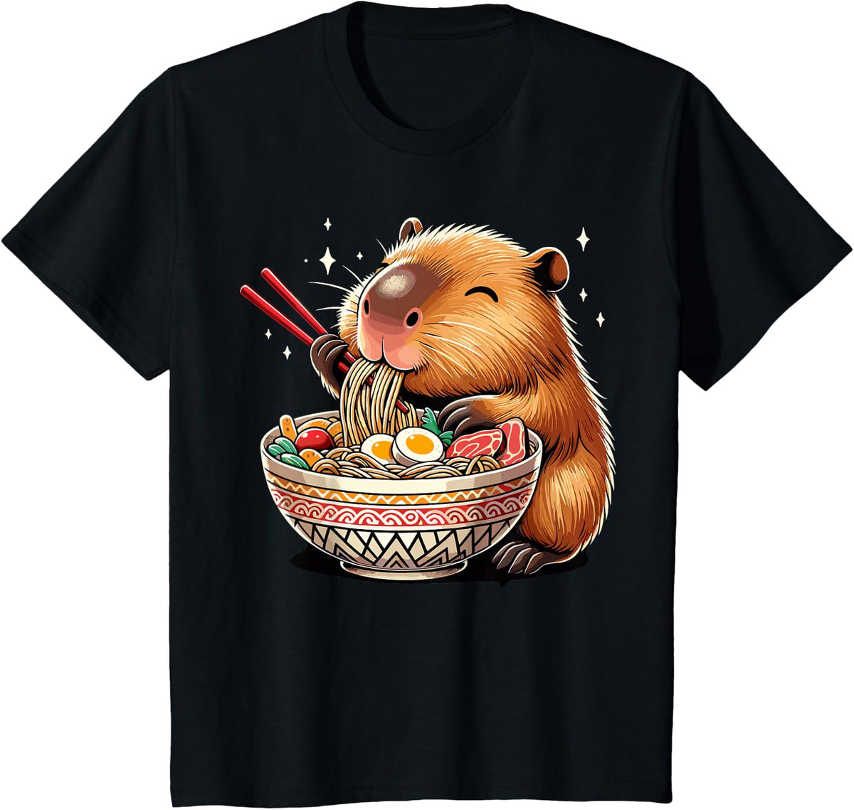 Kawaii Capybara Eating Japanese Ramen Noodles Capybara T-Shirt - Black