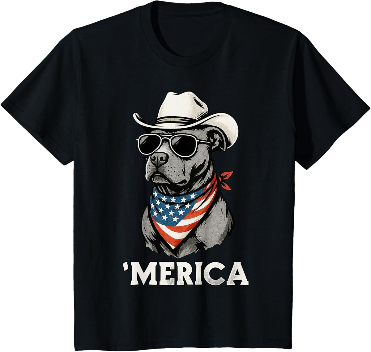 Pitbull Dog American Flag Bandana Cowboy Hat Sunglasses T-Shirt - Black