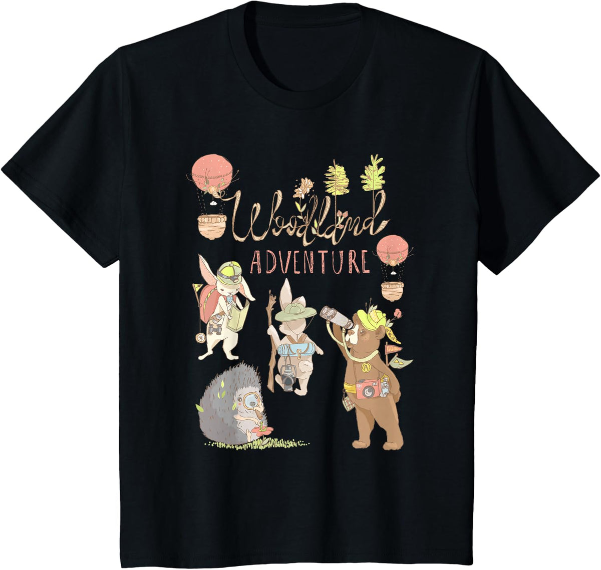 Outdoors Art Woodland Adventure Bear Bunny Hedgehog Gift T-Shirt - Black