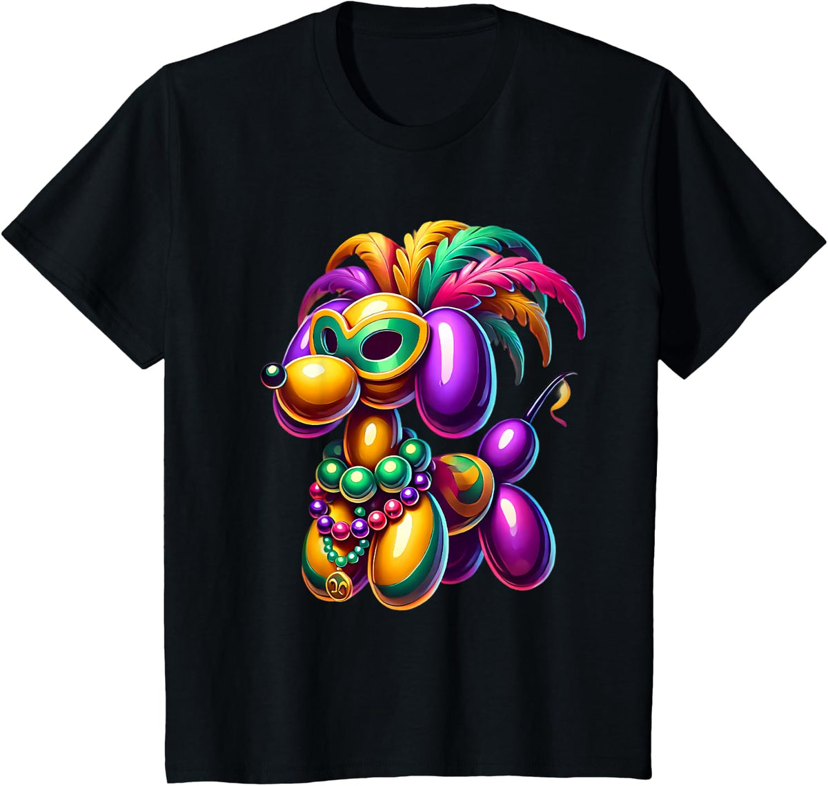Mardi Gras Balloon Dog Wearing Mardi Gras Costume Beads T-Shirt - Black