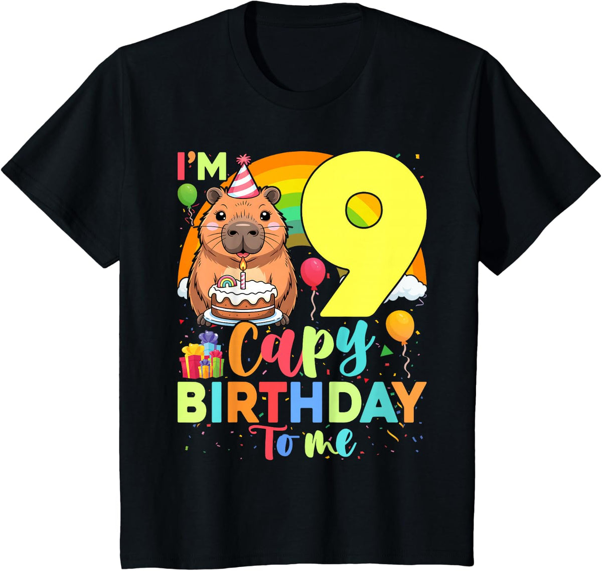 I'm 9 Year Old Capy Happy Birthday To Me 9th Bday Capybara Tees T-Shirt - Black