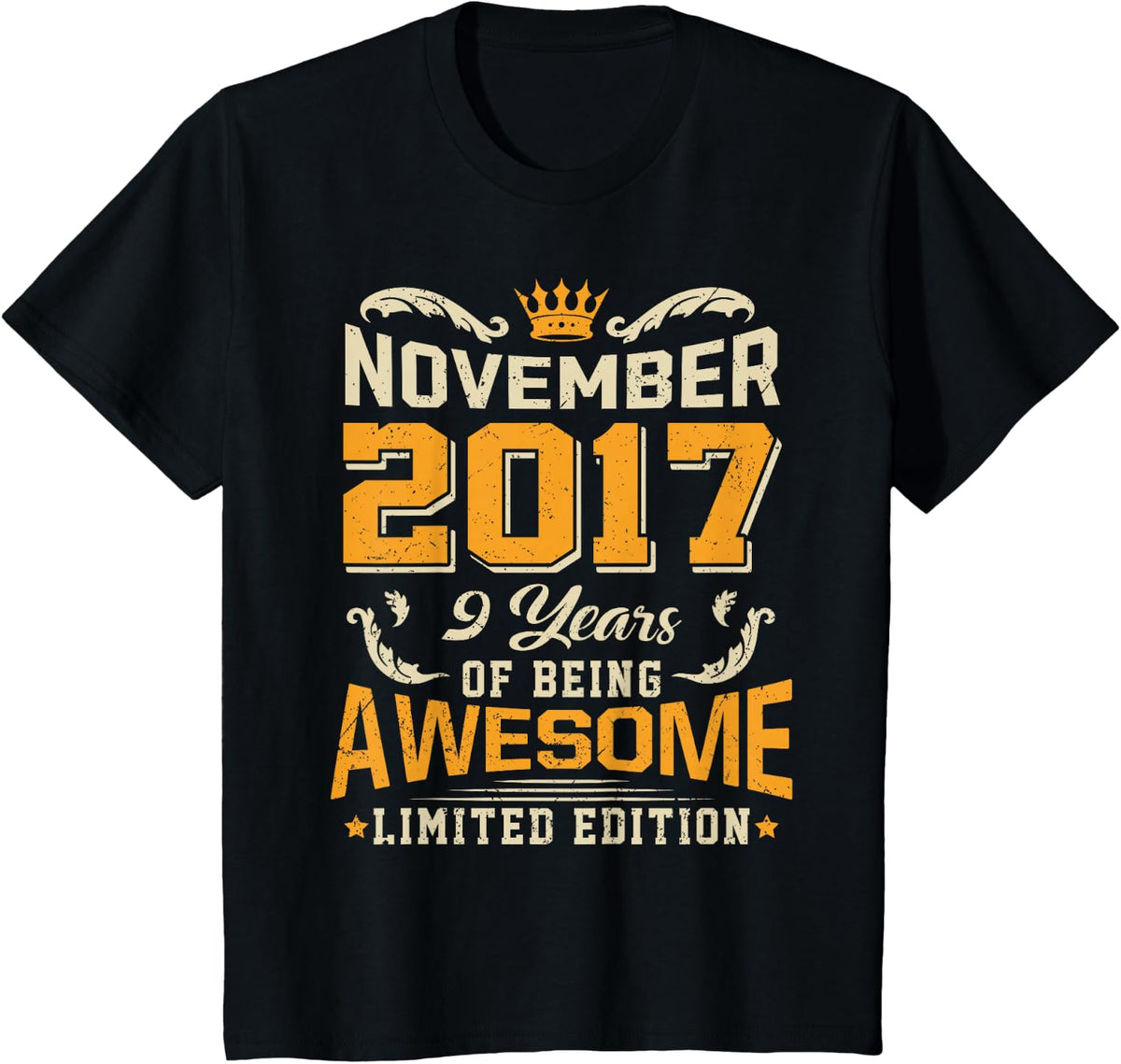 November 2017 Vintage 9 Years Awesome 9th Birthday T-Shirt - Black