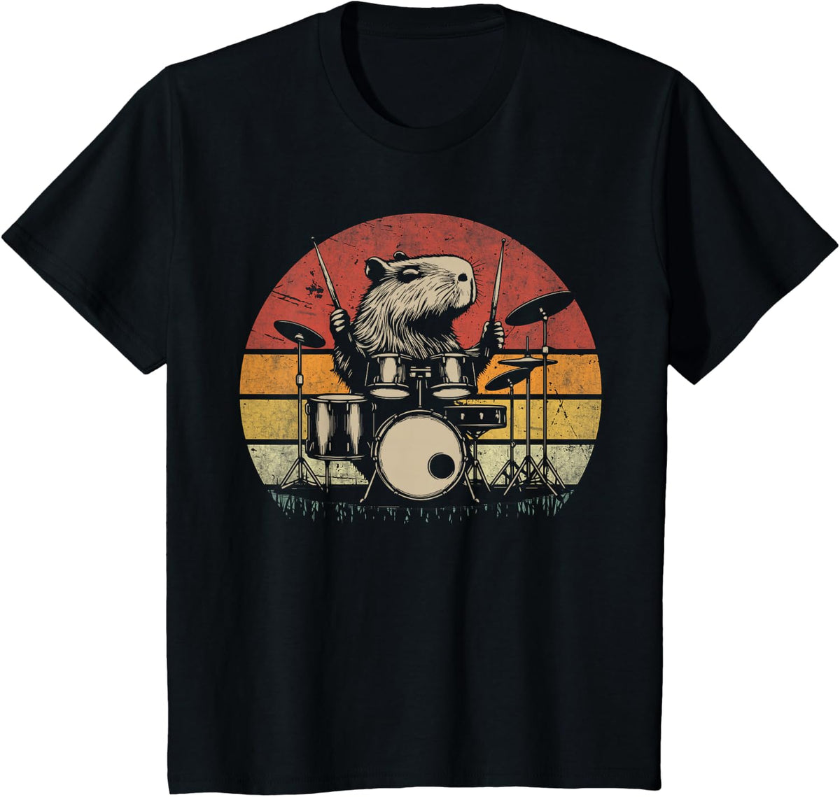 Retro Drummer Rock Music Drummer Vintage Capybara Drumming T-Shirt - Black