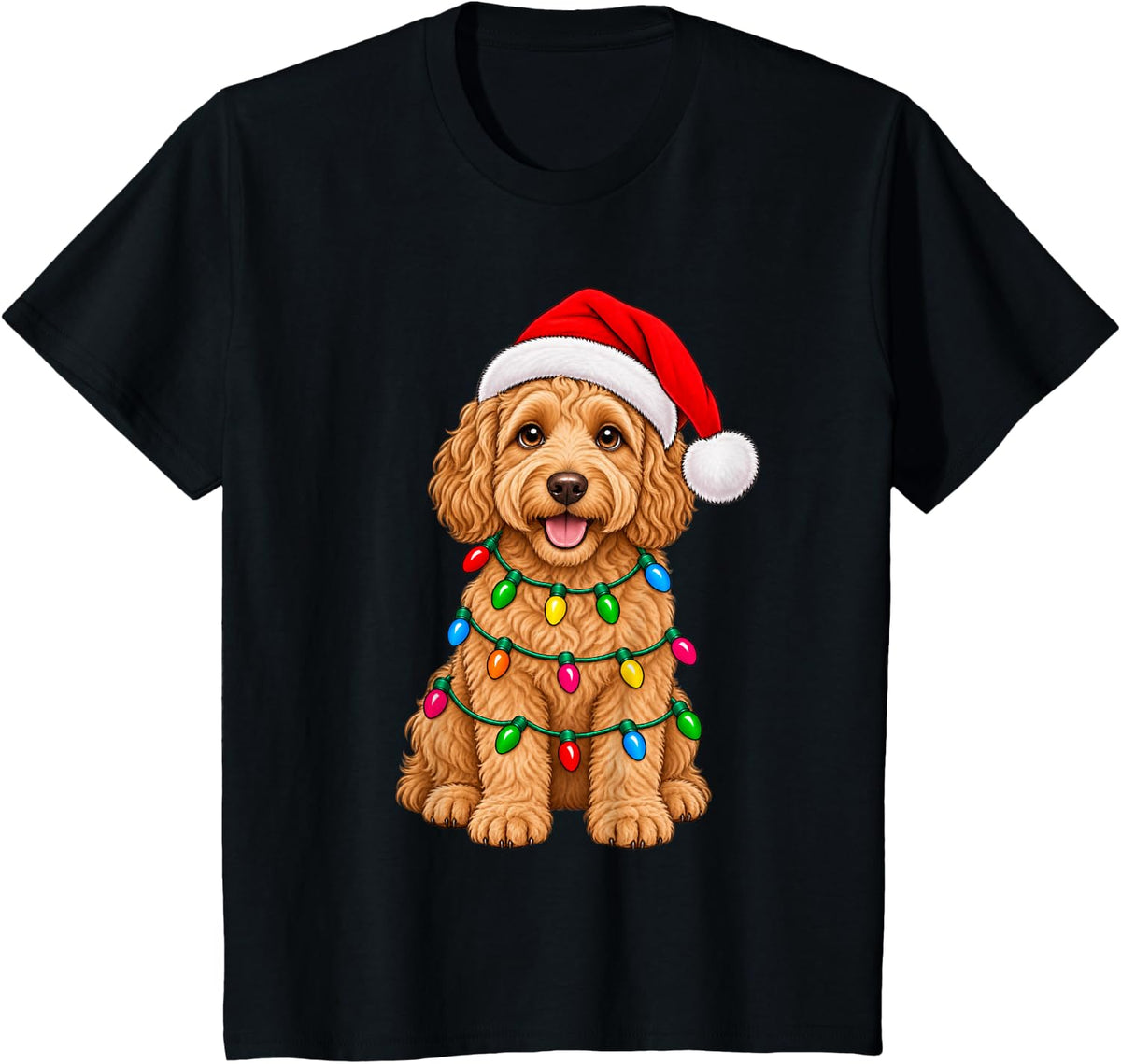 Cute Goldendoodle Santa Christmas Lights Dog Lover Xmas T-Shirt - Black