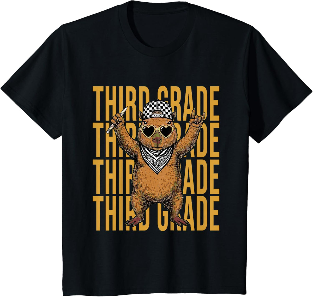Third Grade Capybara Teacher Back to School Rock Gesture T-Shirt - Black