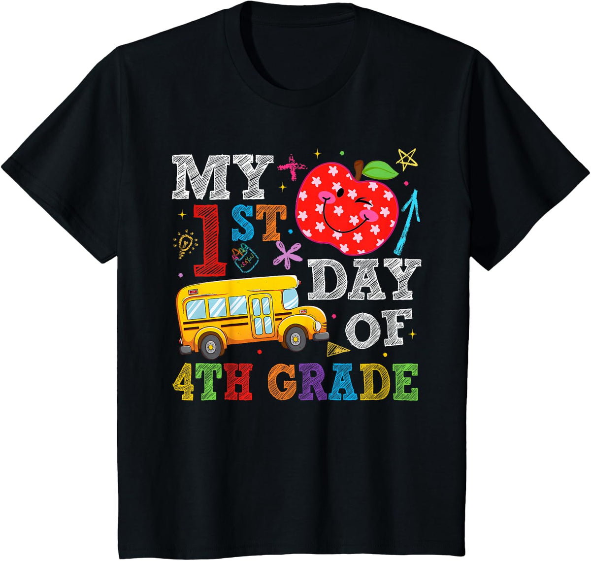 My 1st Day of 4th Grade Bus Apple Back to School Boy Girl T-Shirt - Black