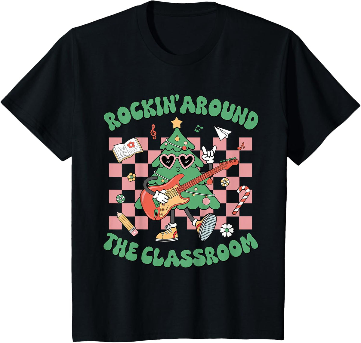 Retro Groovy Teacher Christmas Rockin' Around The Classroom T-Shirt - Black