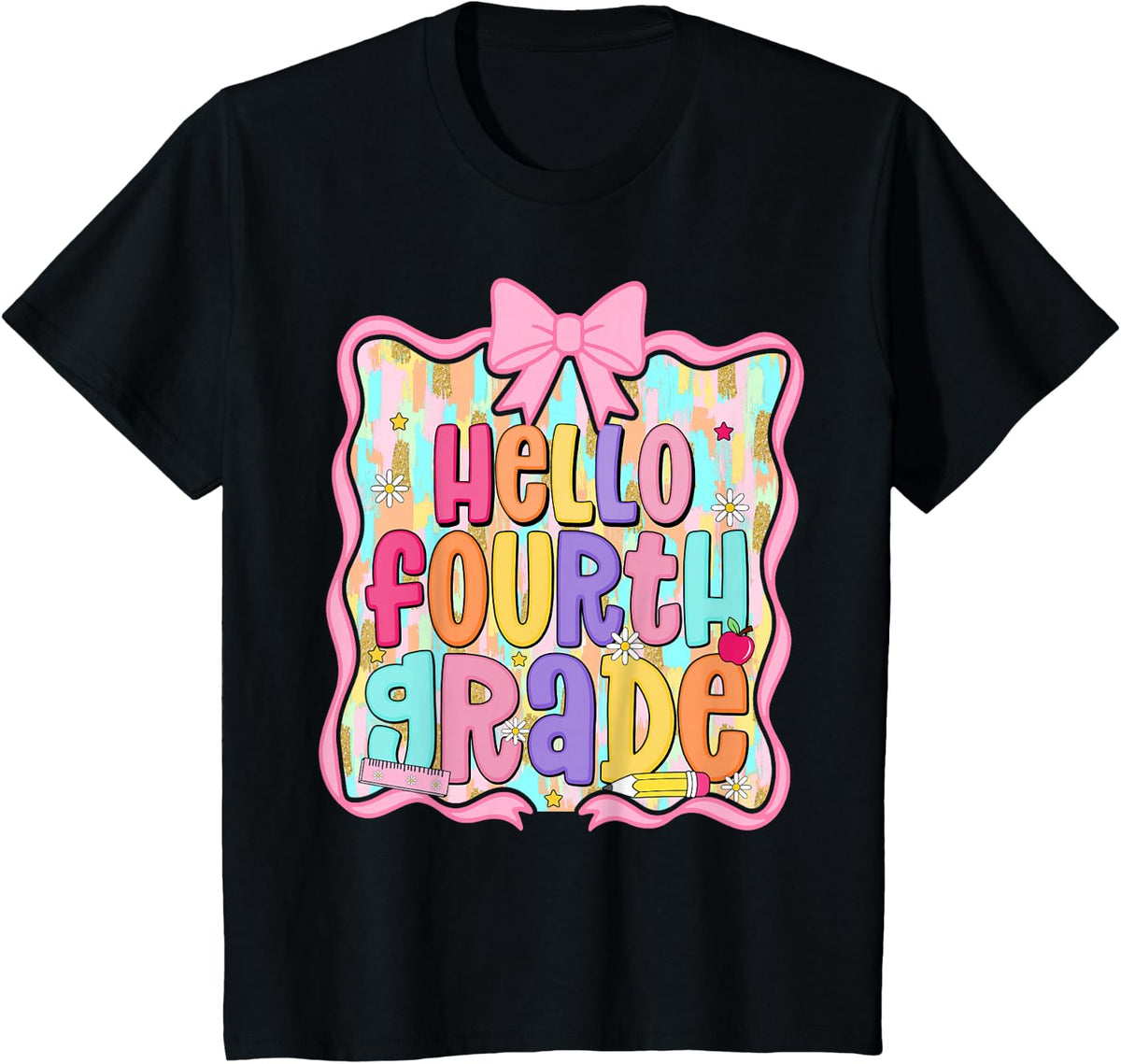 Hello Fourth Grade Girls Coquette 4th Grade Back to School T-Shirt - Black