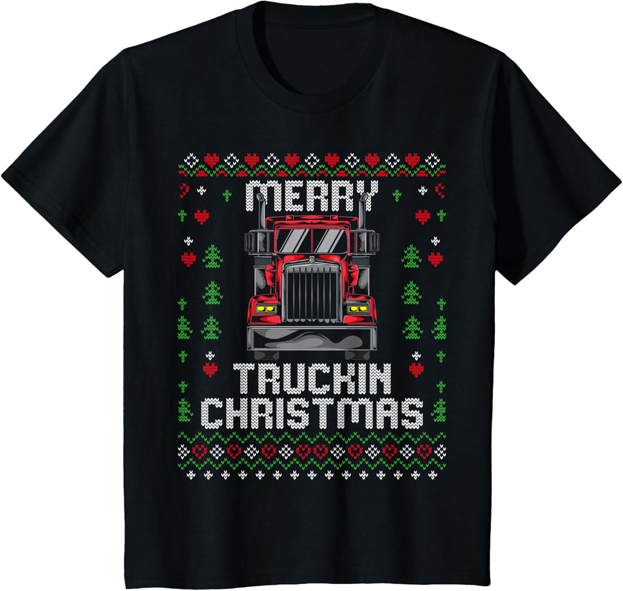 Trucker Truck Driver Ugly Xmas Merry Trucking Christmas T-Shirt - Black