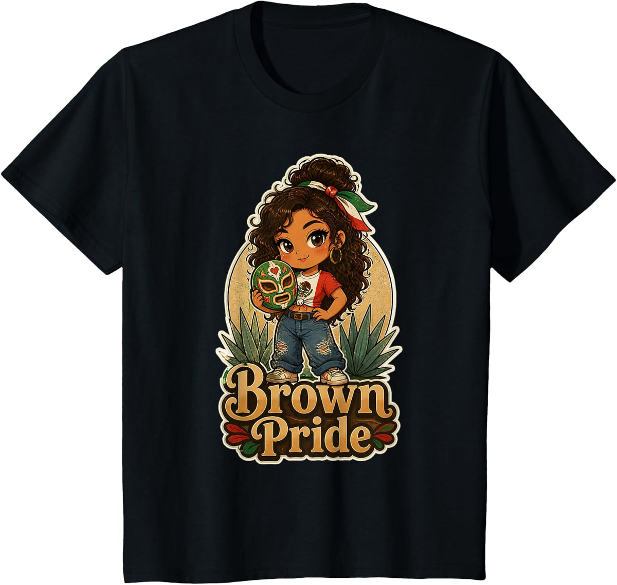 Brown Pride Chicana Chola Chibi Girl Hispanic Heritage Month T-Shirt - Black