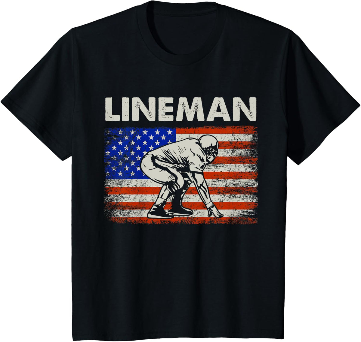 American Flag Football Player Lineman Offensive O-Line T-Shirt - Black