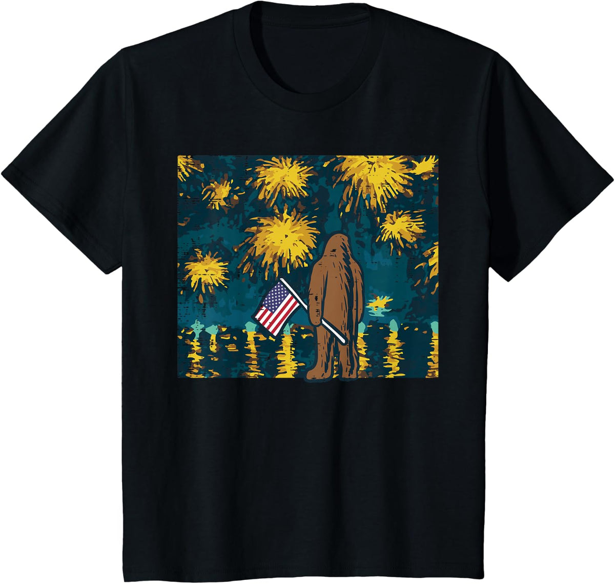4th July Bigfoot Starry Night Firework Patriot Men Women Kid T-Shirt - Black