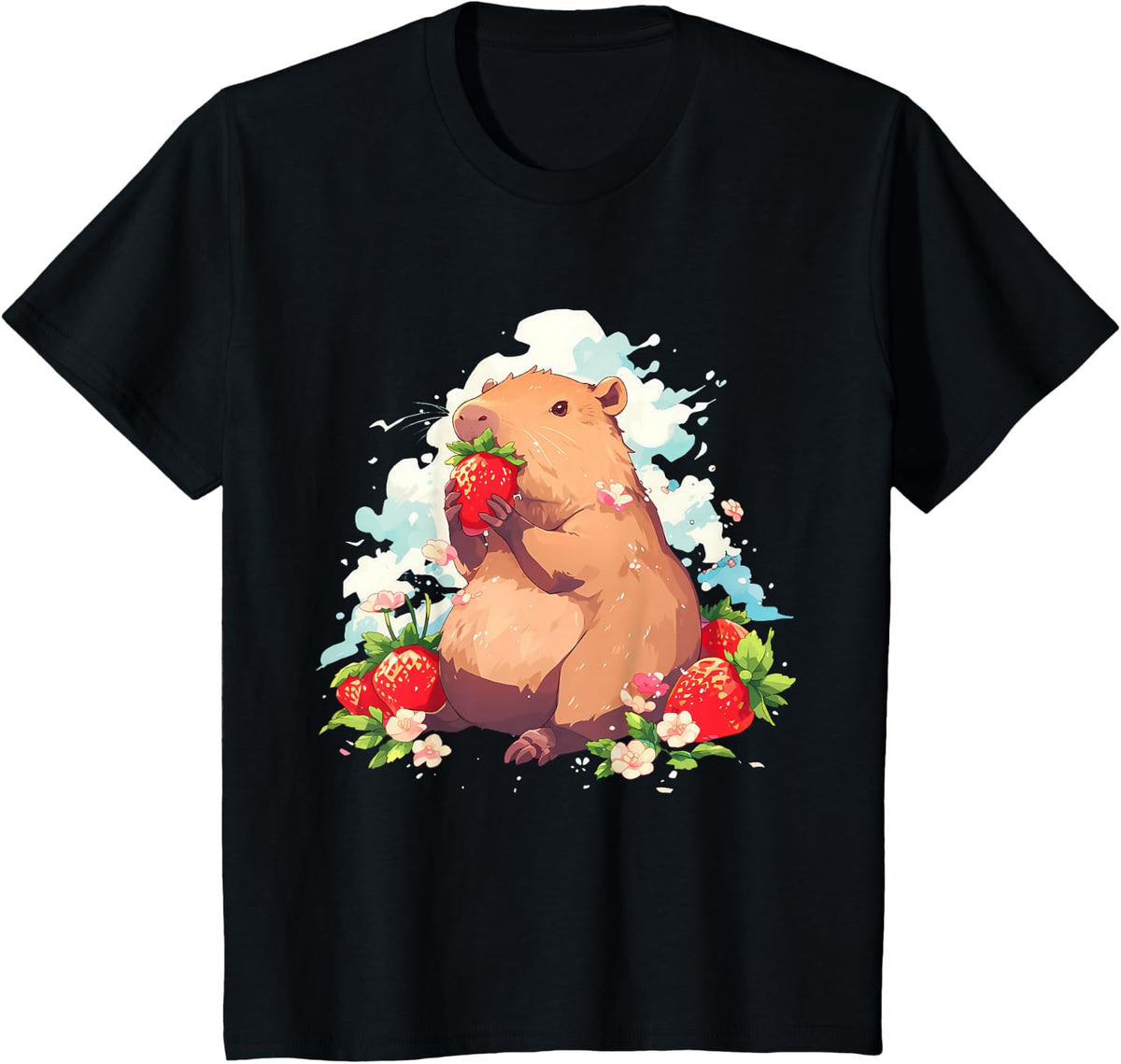 Strawberry Capybara Watercolor Cute Capybara Strawberries T-Shirt - Black