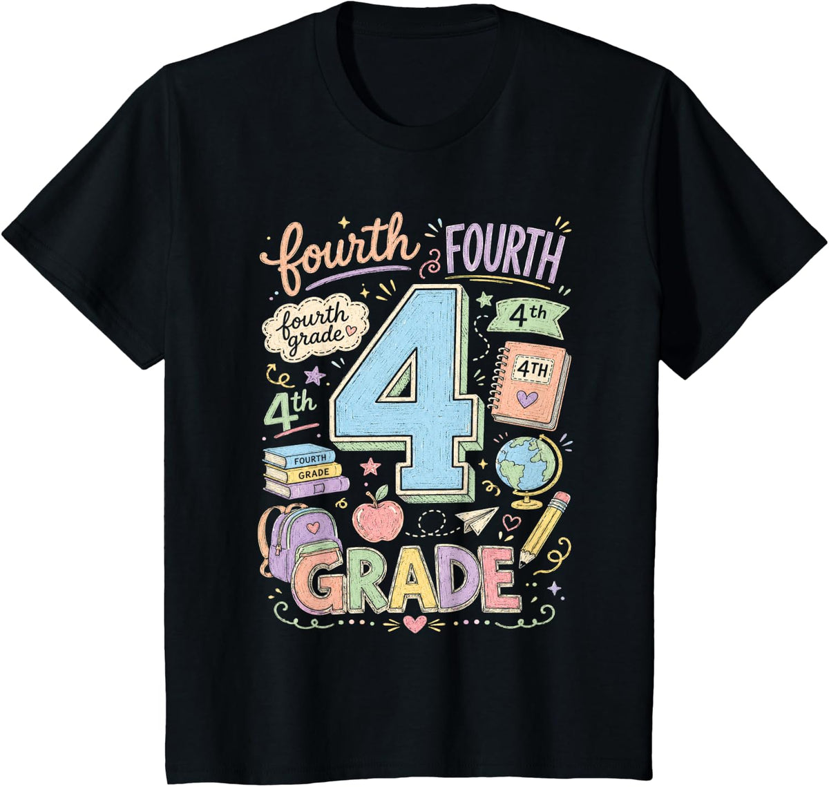 Fourth 4th Grade Typography Team Teacher Back to School Kids T-Shirt - Black