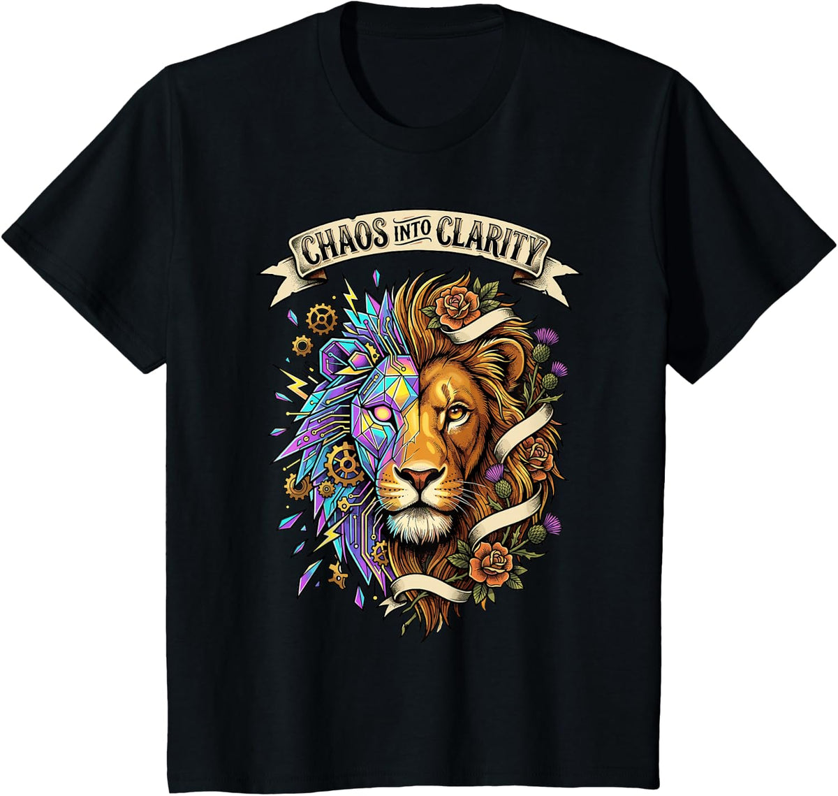 Chaos Into Clarity Fierce Roaring Lion ADHD Awareness T-Shirt - Black