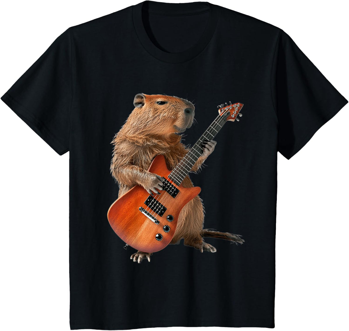 Funny Capybara Guitar Design Unisex-Adults Black Small Classic Fit Short Sleeve T-Shirt - Black
